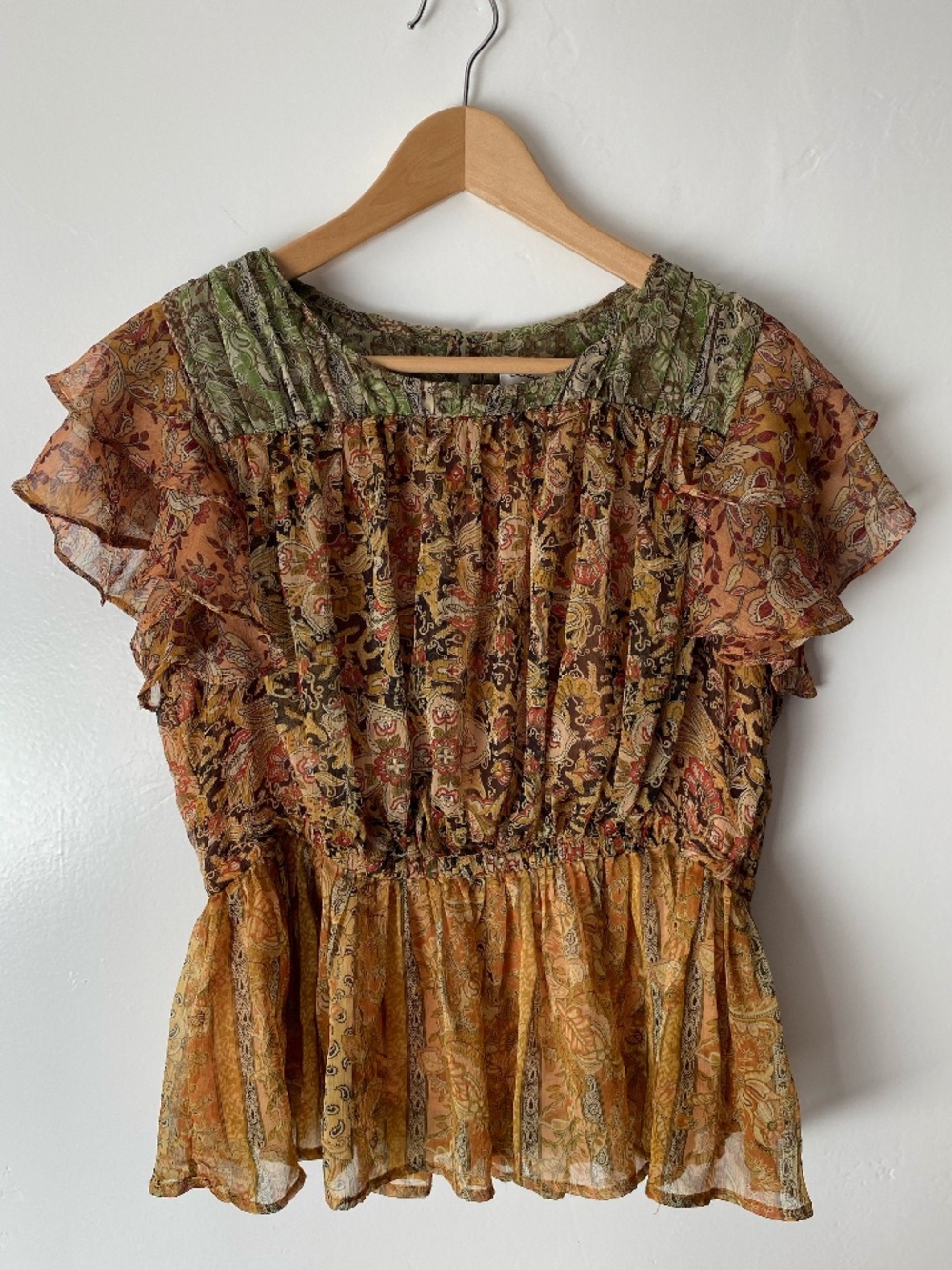 Chelsea & Theodore Paisley Peplum Top Flutter Sleeve Size S Women's Boho Sheer
